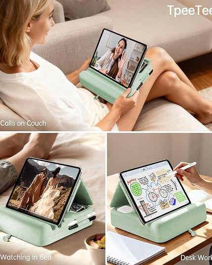 TpeeTeek Tablet Pillow Stand with Storage, Foldable iPad Holder for Lep, Bed, Sofa, and Desk - Soft Pad Dock with Pocket and Stylus Mount Compatible with 4-13" iPad Pro/Air/Mini, Galaxy Tab, Kindle