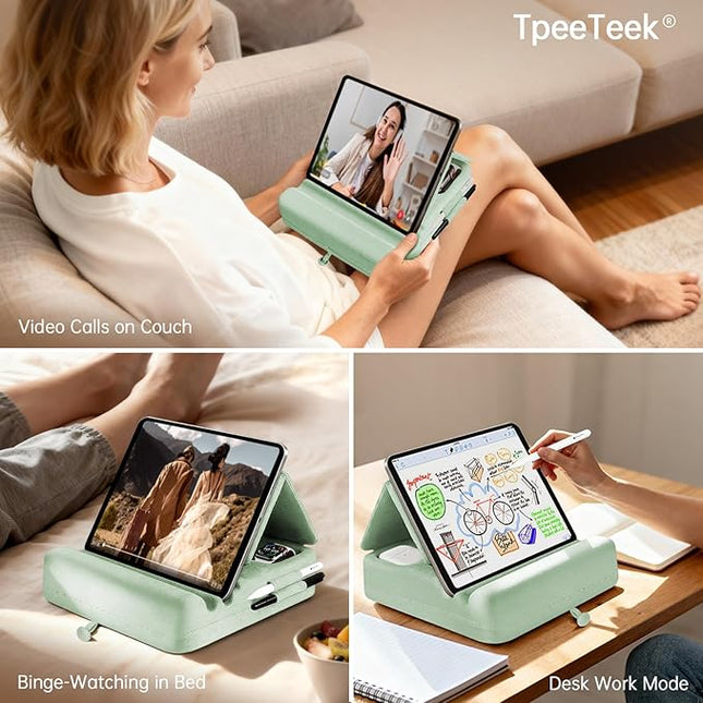 TpeeTeek Tablet Pillow Stand with Storage, Foldable iPad Holder for Lep, Bed, Sofa, and Desk - Soft Pad Dock with Pocket and Stylus Mount Compatible with 4-13" iPad Pro/Air/Mini, Galaxy Tab, Kindle