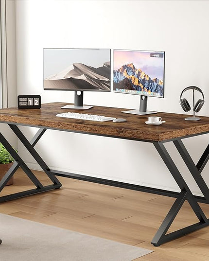 LVB Rustic Wood Computer Desk, Metal Home Executive Office Desk, Industrial Large Gaming Writing Desk, Wooden Student Study Computer Table for Bedroom Living Room, Rustic Brown, 60 Inch