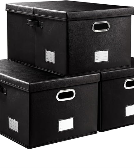 PRANDOM Collapsible Storage Box with Lid [3-Pack] Leather Fabric Foldable Storage Bin Organizer Container Basket Cube with Cover for Home Bedroom Closet Office Nursery Black(22.8X15.7X11.8)