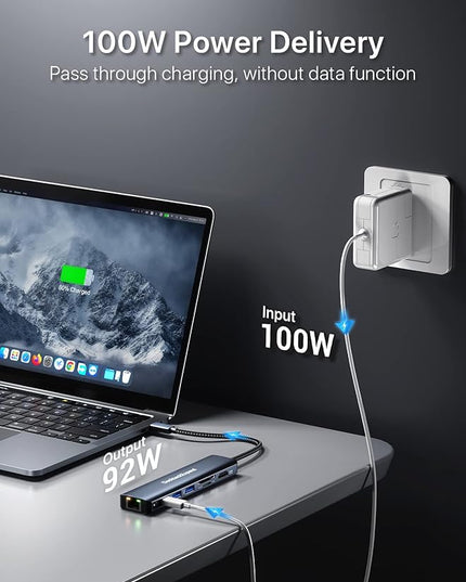 USB C Hub Ethernet, DockteckExpand 7-in-1 Multiport Adapter Type C to 4K@60Hz HDMI, Gigabit Ethernet, 100W PD Charging, 2 USB 3.0, SD/TF Card Readers, for MacBook Pro/Air, iPad Pro/Air, XPS and More