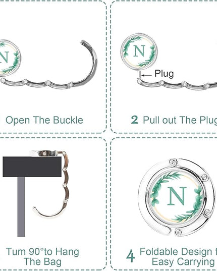 Iqimott 3pcs Personalized Initial Foldable Purse Hook for Table, Flower Letter Folding Handbag Hanger Portable Magnet Table Hook Holder, Collection Desk Purse Hooks for Women Bag (Green-N)