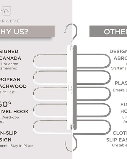MORALVE Pants Hangers Space Saving - 2 Pack European Beechwood Scarf and Jean Hangers - Closet Organizer and Space Saver Pant Rack, Leggings Hanger, and Scarf Holder with 360° Swivel Hook