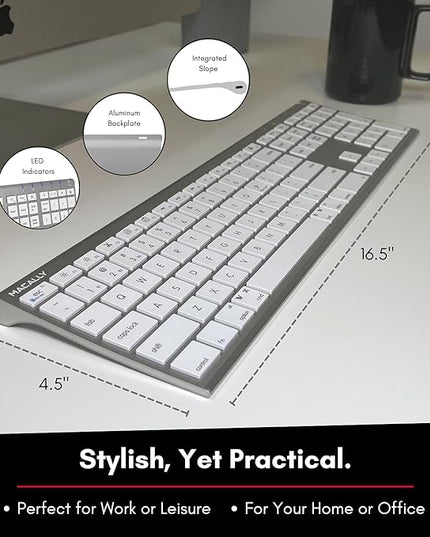 Macally Wireless Bluetooth Keyboard for Mac - Compatible Apple Keyboard or MacBook Pro/Air, iMac - Multi-Device, Up to 3 Devices with 110 Keys, 20 Shortcuts, Numeric Keypad, and Rechargeable - Silver