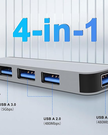 MEIRIYFA USB 3.0 Hub, 4 in 1 USB Hub Splitter Aluminium USB Extender Hub 1* USB3.0 Port (5Gbps)+ 3* USB2.0 Port (480Mbps) for Desktop, Laptop, Flash Drive, PC, Keyboards - 1M