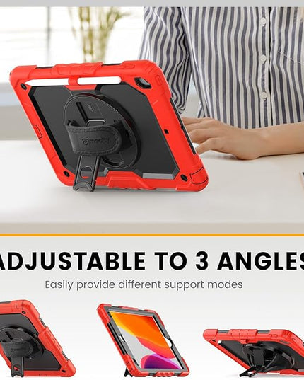 Timecity Case for iPad 9th/ 8th/ 7th Generation 10.2 inch - Heavy Duty Protective Cover with Screen Protector, Rotating Stand, Shoulder Strap & Pencil Holder | Kids-Friendly (Red)