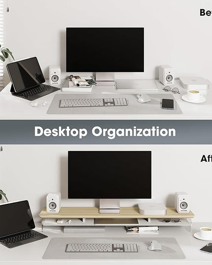 Fenge Acrylic Monitor Stand Riser, 42.5 Inches Dual Monitor Stand with Metal Storage, 2 Tier Acrylic Computer Riser for Desk, Clear Laptop Stand for PC, Laptop, Printer, TV, Oak
