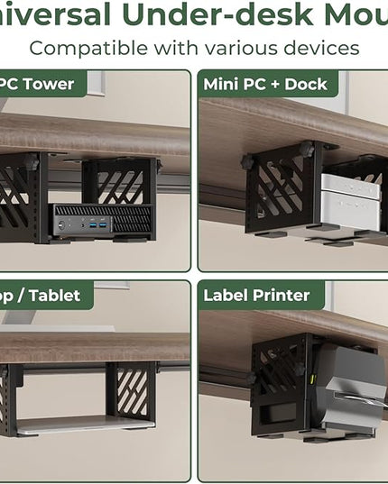 Under Desk Mount Holder for NAS, Mini PC, CPU, UPS, DVD, DVR, SFF Desktop Tower, Xbox Series S, Xbox One S/X, Xbox 360, PS4 Slim/Pro, Adjustable Height Under Desk PC Mount with Cable Straps