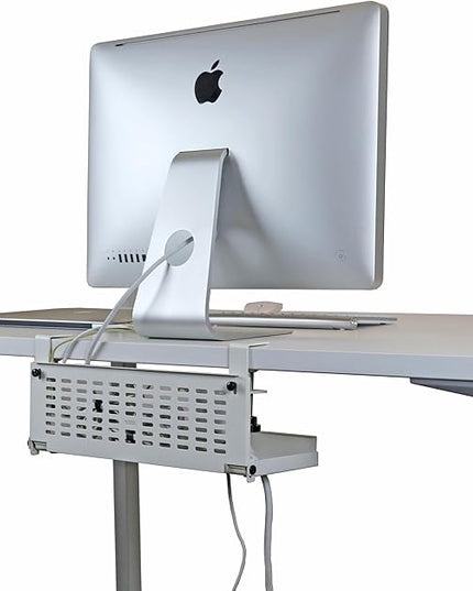 AEONS Universal Under Desk Cable Management Tray-Clamp Mount Hinged Swing Modesty Panel Organizer for Office Desks Easy Access Flip-Down position Power Strip Cord Storage No-Drill 25 lb Capacity White