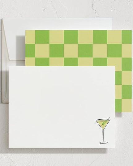 Minted Martini Stationery Set, Set of 10, Flat Note Cards & Envelopes for Invitiations and Handwritten Thank You Messages, Martini Design & Green Checkerboard Back, Gifts for Women, Luxurious Paper