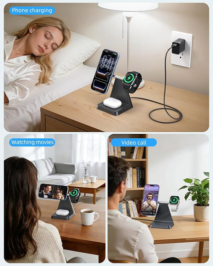 Charging Station for Multiple Devices Apple: 3 in 1 Magnetic Wireless Charger Stand for MagSafe-Compatible Nightstand Charging Dock for iPhone 17 16 15 14 13 12 Pro Max Plus Apple Watch Airpods