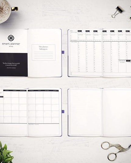 Smart Planner Pro – Undated Daily Planner – Medium B5 – Achieve Goals & Increase Productivity with Weekly, Monthly, Work Sections - Organizer Planner with Back Pocket, 3 Satin Bookmarks & Pen Holder