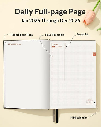 SUNEE 2026 Daily Planner A5 Hardcover – Hourly Schedule Organizer with Monthly Tabs & Task Tracker – Black Cover Time Management Notebook for Work, School, Personal Goals