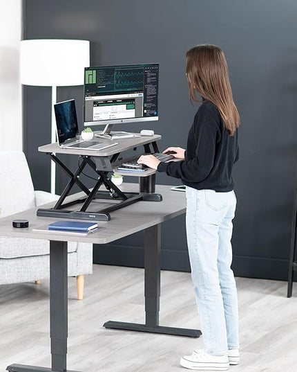 VIVO 32 inch Desk Converter, K Series, Height Adjustable Sit to Stand Riser, Dual Monitor and Laptop Workstation with Wide Keyboard Tray, Gray Top, Black Frame, DESK-V000KG