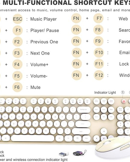 Wireless Keyboard and Mouse Combo, Ergonomic Full Size Typewriter Retro Round Keycaps Keyboard, Compatible with Windows, PC, Perfer for Home and Office Keyboards (Beige