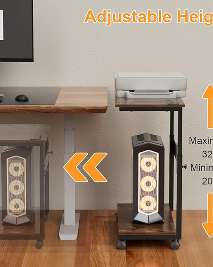 Computer Tower Stand with Charging Station, Height Adjustable 2-Tier CPU Stand with Power Strip and USB Ports, PC Tower Cart with Wheels and Printer Shelf, Rustic Brown and Black