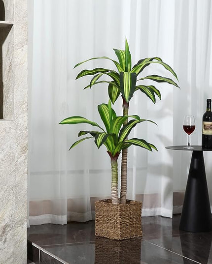 Ferrgoal Artificial Plants, 4 Ft Dracaena Tree Faux Plants Indoor Outdoor Decor Fake Tree with Woven Seagrass Basket Plants for Home Decor Office Living Room Porch Patio Perfect Housewarming Gift