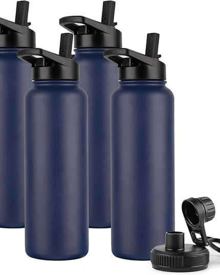 DOMICARE 40 oz Insulated Water Bottle Bulk, Vacuum Insulated Stainless Steel Sports Water Bottle with Straw Lid & Spout Lid, Leakproof, Reusable - Travel, Camping, Bike, Navy Blue (4 Pack)