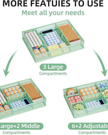 Marbrasse 2 Pack Desk Drawer Organizer, Mesh Drawer Organizer Tray with 8 Adjustable Compartments, Desk Organizers and Accessories, 5 Dividers Drawer for Office Supplies, Makeup & Vanity (Green)