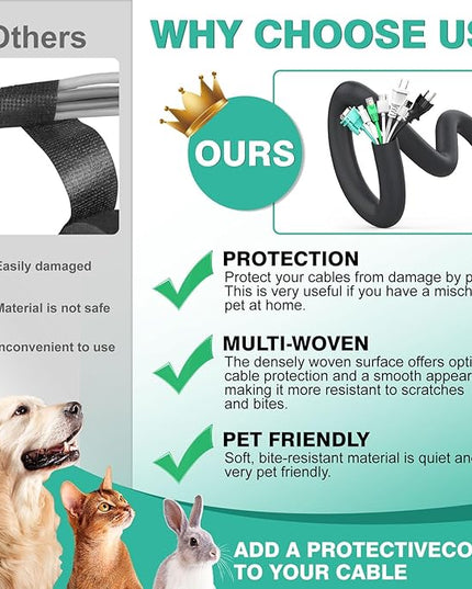 UOMTFAI Dog and Cat Cord Protector 10ft - 1inch, Flexible Cable Sleeve for Easy Cord Management, Protects Cables from Pets Chewing, Ideal for USB, Power, Audio and Video Cords - Black