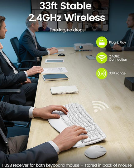 White Ergonomic Wireless Keyboard and Mouse Combo, 2.4G Full Size Ergo Wave Key Board with Cushioned Plam Rest, Natural Typing, 3 DPI Adjustable Silent Mouse for Computer/Laptop/Windows/Mac - Sablute