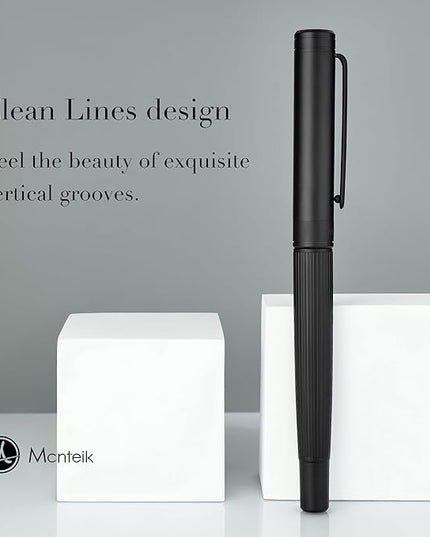 MCNTEIK Matte Black Forest Fountain Pen, Exquisite Vertical Grooving Design, 18K Gilded Nib (Fine), Fancy Pen Gift Set for Men & Women, Professional, Business Signature, Office, Nice Designer Pens