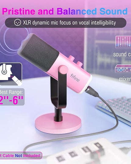 FIFINE XLR/USB Microphone, Gaming Recording PC Microphone with Headphones Jack, Mute Button, Dynamic RGB Mic for Computer, Streaming Mic for Podcasting Voice-Over YouTube Video-AmpliGame AM8 Pink