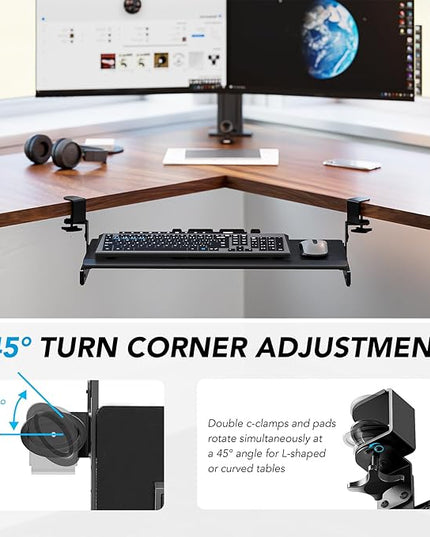 AX WABER Keyboard Tray Under Desk Pull Out with Extra Sturdy Adjustable C Clamp Mount System, 27.3 (32.5 inch Including Clamps) x 11 Inch Slide-Out Platform Computer Drawer for Typing, Black,AX01WB01