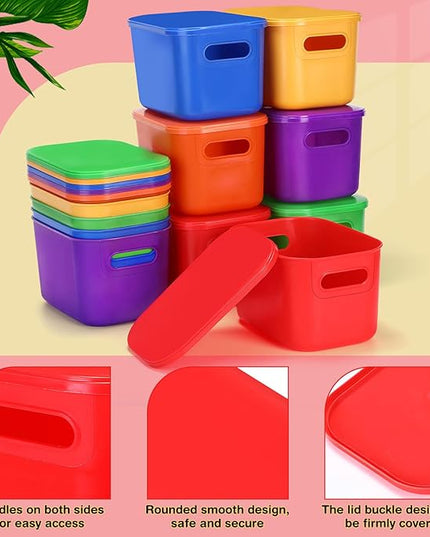 Thyle 24 Pack 7 Quarts Plastic Storage Bins for Christmas Storage with Lids Handles Colorful Stackable Desktop Box Bins with Label for Shelf Drawer,10 x 7 x 6 Inch (Brightly Colored)