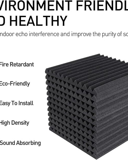 Focusound 24 Pack Acoustic Foam Panels 1" x 12" x 12" Sound Proof Foam Panles Soundproofing Noise Cancelling Wedge Panels for Home Office Recoding Studio with 240PCS Double-Side Adhesive