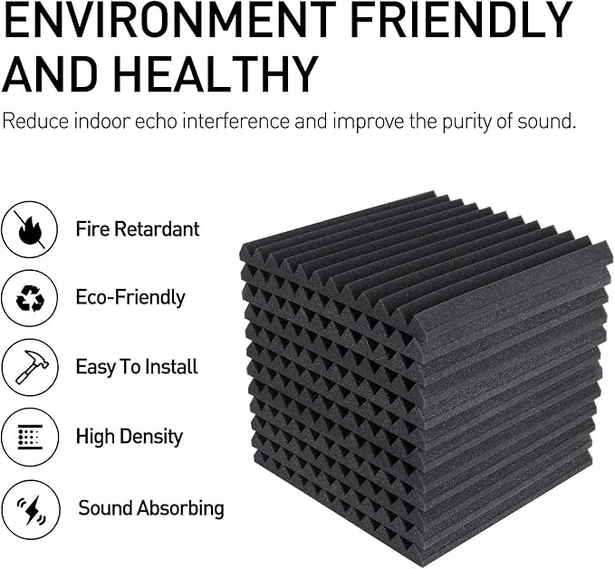 Focusound 24 Pack Acoustic Foam Panels 1" x 12" x 12" Sound Proof Foam Panles Soundproofing Noise Cancelling Wedge Panels for Home Office Recoding Studio with 240PCS Double-Side Adhesive