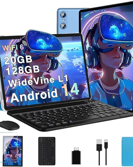 2025 Tablet, 10 Inch Android Tablet 20GB RAM+128GB ROM+1TB Expand, Octa-Core Android 14 Tablets with Keyboard, Mouse, HD IPS Touchscreen, 6000mAh, BT 5.0, WiFi 6, Widevine L1, Split Screen -Blue