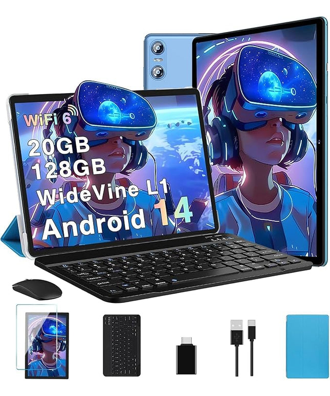 2025 Tablet, 10 Inch Android Tablet 20GB RAM+128GB ROM+1TB Expand, Octa-Core Android 14 Tablets with Keyboard, Mouse, HD IPS Touchscreen, 6000mAh, BT 5.0, WiFi 6, Widevine L1, Split Screen -Blue
