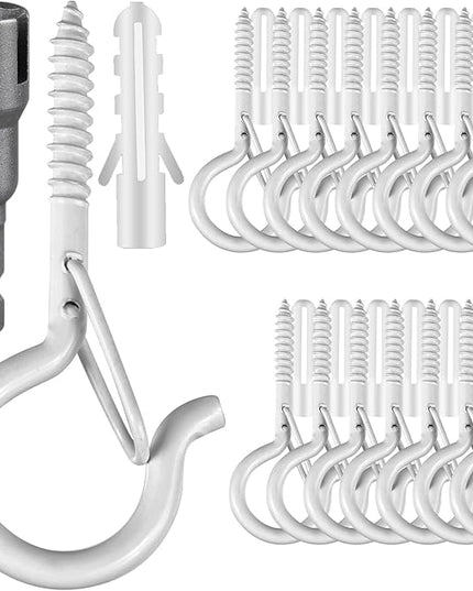 50 Pcs Screw-in Hooks for Outdoor String Lights, Q Hangers Hooks for Outside, Swivel Hanging Basket Patio Hooks with Safe Buckle, Screw in Plant Eye Hook for Wall Ceiling with 1 Wing Nut Driver, White