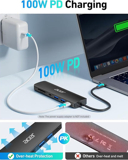 Acer USB C Hub, 7 in 1 USB-C to HDMI Dock, 2 USBA 3.1 GEN1 and 5Gbps Type-C Data Port, 4K HDMI Port, PD 100W Charging, SD Card Reader, for iPad Pro MacBook Pro Laptops and More (Black)