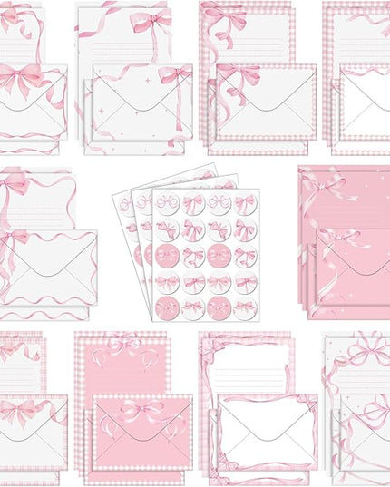 TaoBary 160 Pcs Stationery Paper Set 50 Double Sided Stationery Papers with 50 Matching Envelopes and 60 Round Dot Sticker, 10 Design(Pink Bow,5.5 x 8.25 Inch)