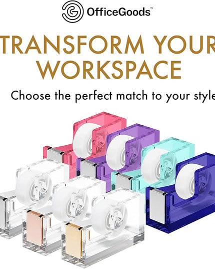 OfficeGoods Acrylic Tape Dispenser – Modern Desk Organizer for Office Supplies – Heavy Duty Refillable Tape Holder for Home and School Crafting – Stylish Desktop Accessory for Gift Wrapping, Gold