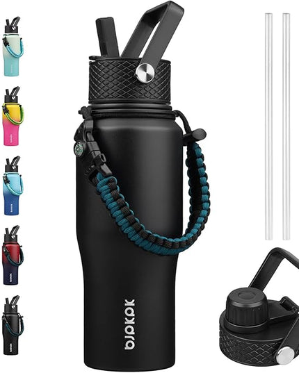 BJPKPK Insulated Water Bottles with Straw Lid, 23oz Metal Water Bottle with 2 lids & Paracord Strap, Double Wall Stainless Steel Vacuum Tumblers, Cups, Mugs, Thermo for Hot& Cold Drinks, Black
