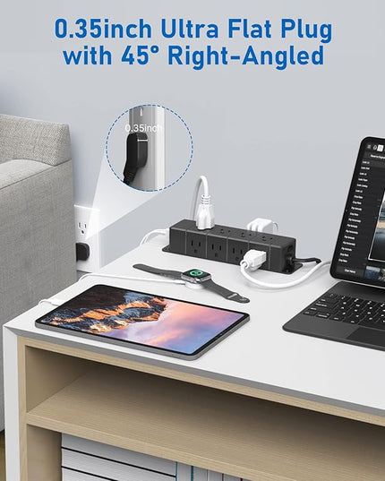 30W USB C Power Strip Surge Protector,Ultra Thin Flat Plug Power Strip 4 Side 12 Outlets,1 PD Fast Charing,2 USB-C, 2 USB-A(4 USB Total 40W),6ft Slim Extension Cord,16 in 1 Desk Power Bar,1200J Black
