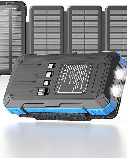 Solar Charger Power Bank 49800mAh with 4 Built-in Cables & 3 Foldable Panels, PD22.5W Fast Portable Phone Charger, External Battery Pack with USB-C in/Output & Flashlight for Outdoor Camping