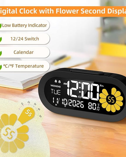 DOOMAY Digital Alarm Clock for Bedroom: Dual Alarm Bedside Clock VA LCD Display with Seconds, 9-Minute Snooze and Weekend Mode, 3 Brightness, 4 Alarms and 3 Volume Levels，Type C & Battery Included