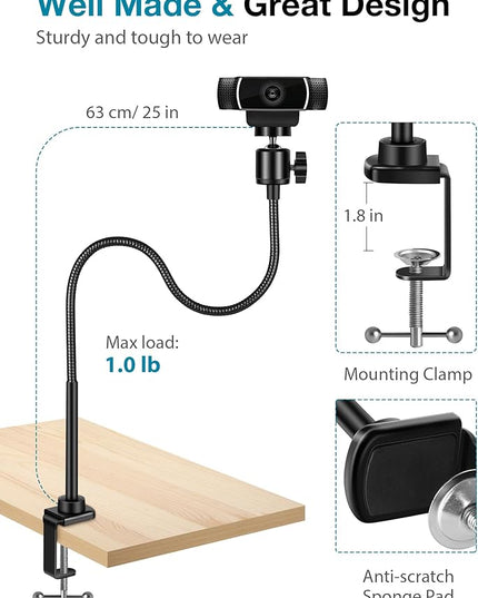 InnoGear Webcam Stand with Phone Mount, Desk Camera Arm Stands Gooseneck for Logitech Webcam BRIO 4K C960 C920 C920S C922 C922x C925e C930 C930e C615 NexiGo N60, Right Light, Gopro with 1/4" Thread