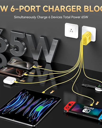 USB C Fast Charger Block, iPhone Charger Fast Charging Blocks 65W Multi Port Charger 6-Ports PD & QC Charging Cube Brick Power Adapter Type C Wall Chargers for iPhone 17/16/15/14/13/12 Pro Max, iPad