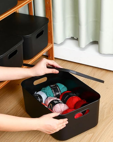 Hoolerry 8 Pieces Colorful Storage Bins with Lid, Plastic Storage Basket Organizing Container Stackable Box with Handle for Shelves Desktop Playroom Office(13.8 x 9.8 x 5.9 Inch,Black)