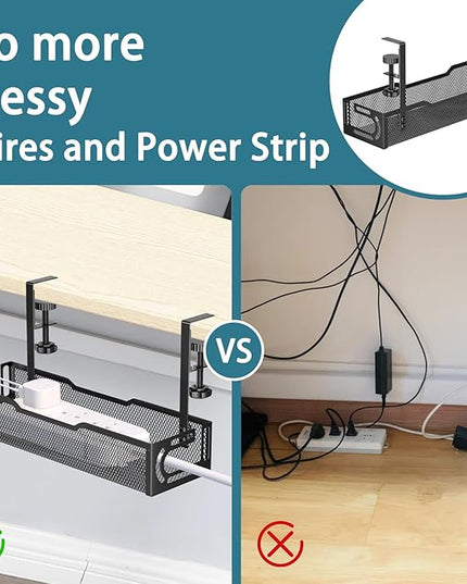 Under Desk Cable Management Tray, No Drill Mesh Desk Cable Tray, Wire Management Tray Cable Management Rack, Wire Organizer and Cable Management Box (Black)
