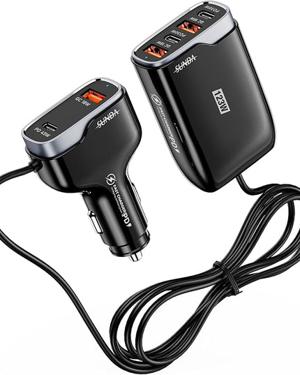 6 Multi Ports USB C Car Charger, 123W Fast Car Charger Adapter, PD 45W Compatible with iPhone17/Galaxy/Samsung S25, Type C Cigarette Lighter USB Charger with 5.7FT Cable for Rear Seat Charging(Black)