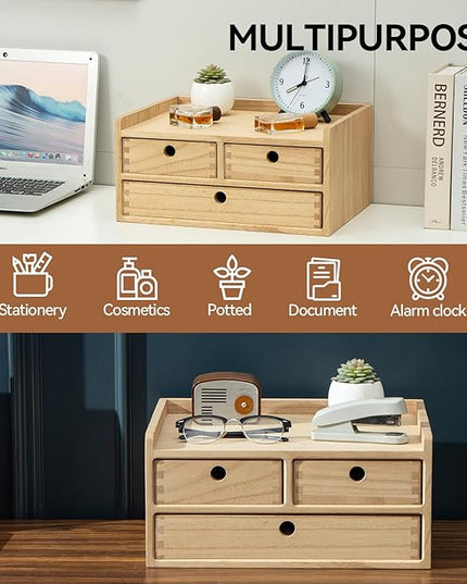 KIRIGEN Wood Organizer Shelf with 3 Drawers for Home Kicthen Decor Office Supplies Desktop Cabinet for Drawer Organizer - Desk Accessories Storage Box -Countertop Shelf Natural（DT2D3C-NA）