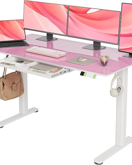 INNOVAR Glass Standing Desk with Drawers, Adjustable Height Stand Up Desk, Electric Standing Desks with Storage, 55 inch, Morandi Powder