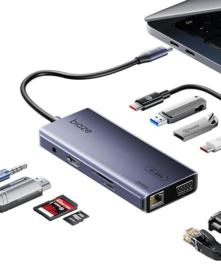 BIAZE 10-in-1 USB C Hub Multiport Adapter, 4K60Hz HDMI & VGA, 100W PD Charging, Gigabit Ethernet, USB 3.0, SD/TF Card Reader, 3.5mm Audio, for MacBook, iPad, Dell, HP and More Type C Laptops
