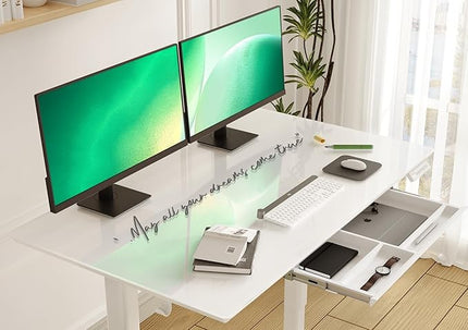 INNOVAR Glass Standing Desk with Drawers, 40×24 Inch Adjustable Stand Up Desk Quick Install Home Office Computer Desk, Super White